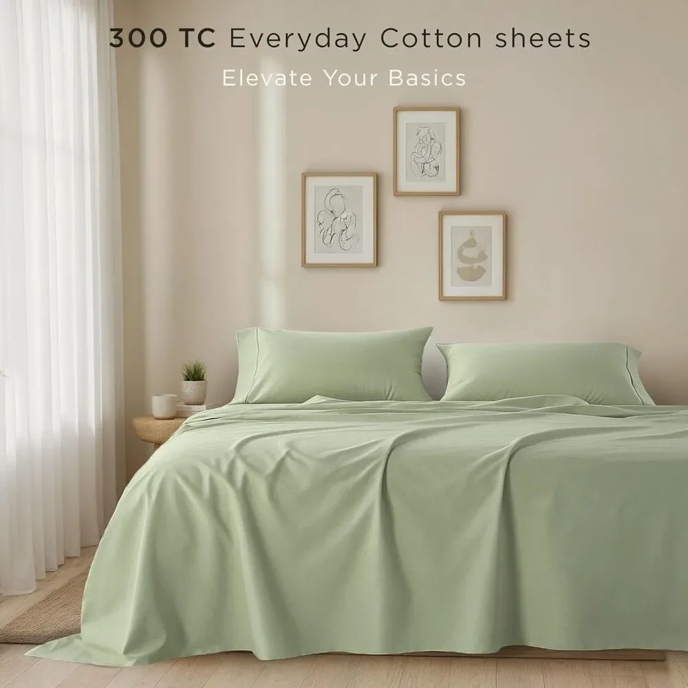 100% Cotton Twin Sheet Set Green 300TC Sateen Weave 3 Piece Soft Bedding